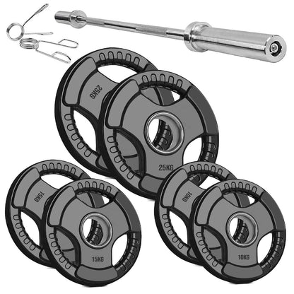 Versatile Tri-Grip Olympic Plates – Solid Cast Iron with Protective Rubber Coating & 2-Inch Center Hole for Strength Training | Range of Weight Options