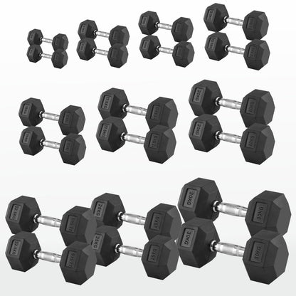 Hex Dumbbells 2.5kg–60kg – Pairs & Sets Available – Rubber Coated Anti Roll Weights with Chrome Handles – Full Dumbbell Range for Strength Training at Home or Studio