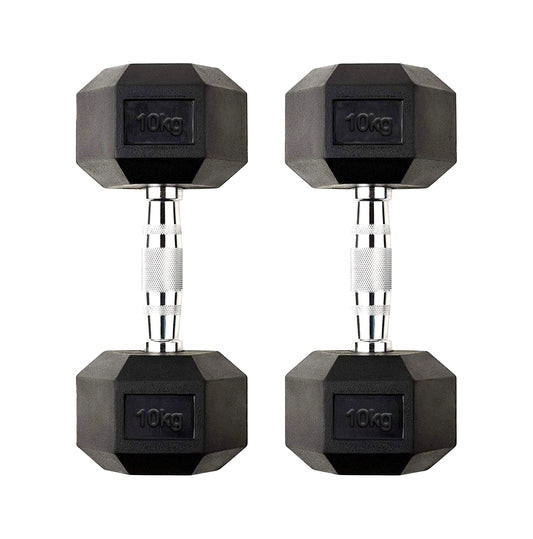 10kg Anti Roll Hex Dumbbell Pair – Rubber Coated Cast Iron Weights with Chrome Knurled Handles – Strength Training for Home Gym & Fitness Workouts UK
