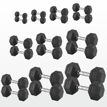 Hex Dumbbells 2.5kg–60kg – Pairs & Sets Available – Rubber Coated Anti Roll Weights with Chrome Handles – Full Dumbbell Range for Strength Training at Home or Studio