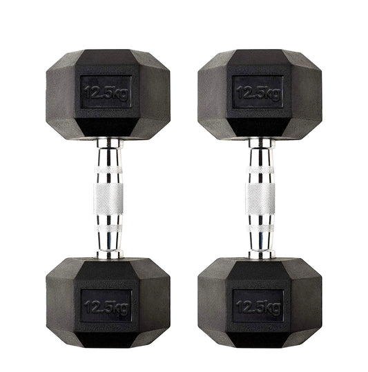 12.5kg Rubber Coated Hex Dumbbell Pair – Anti Roll Weights with Chrome Knurled Handles – Solid Cast Iron Free Weights for Strength Training & Home Gym