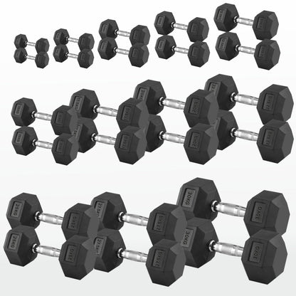 Hex Dumbbells 2.5kg–60kg – Pairs & Sets Available – Rubber Coated Anti Roll Weights with Chrome Handles – Full Dumbbell Range for Strength Training at Home or Studio