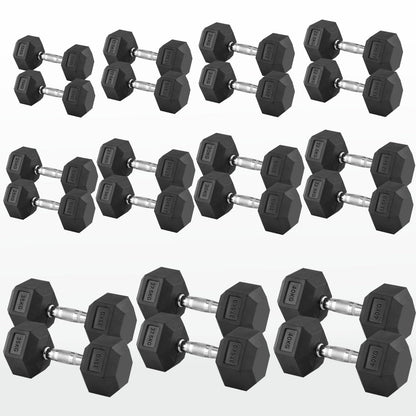 Hex Dumbbells 2.5kg–60kg – Pairs & Sets Available – Rubber Coated Anti Roll Weights with Chrome Handles – Full Dumbbell Range for Strength Training at Home or Studio