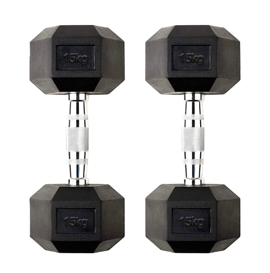 15kg Rubber Coated Hex Dumbbell Pair – Cast Iron Weights with Anti Roll Design & Chrome Knurled Grip – Strength Training for Home Gym & PT Studio