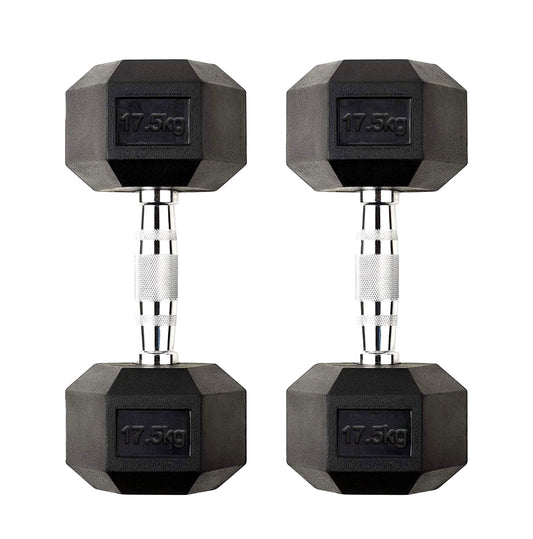 Pair of 17.5kg Hex Dumbbells – Cast Iron Weights with Rubber Coated Anti Roll Heads and Knurled Chrome Handles – Ideal for Home Gym Strength Training UK