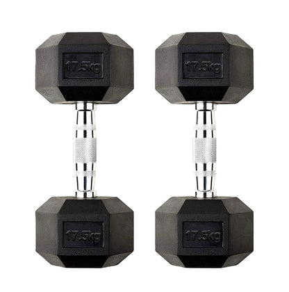 Hex Dumbbells 2.5kg–60kg – Pairs & Sets Available – Rubber Coated Anti Roll Weights with Chrome Handles – Full Dumbbell Range for Strength Training at Home or Studio