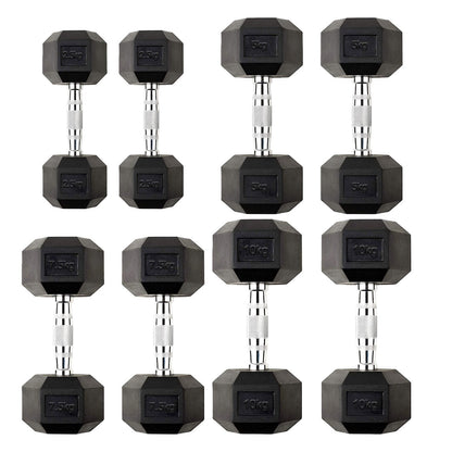 Hex Dumbbells 2.5kg–60kg – Pairs & Sets Available – Rubber Coated Anti Roll Weights with Chrome Handles – Full Dumbbell Range for Strength Training at Home or Studio