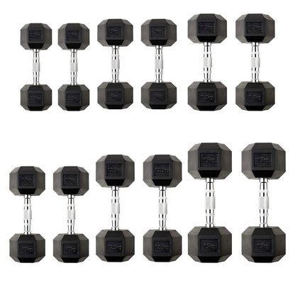 Hex Dumbbells 2.5kg–60kg – Pairs & Sets Available – Rubber Coated Anti Roll Weights with Chrome Handles – Full Dumbbell Range for Strength Training at Home or Studio