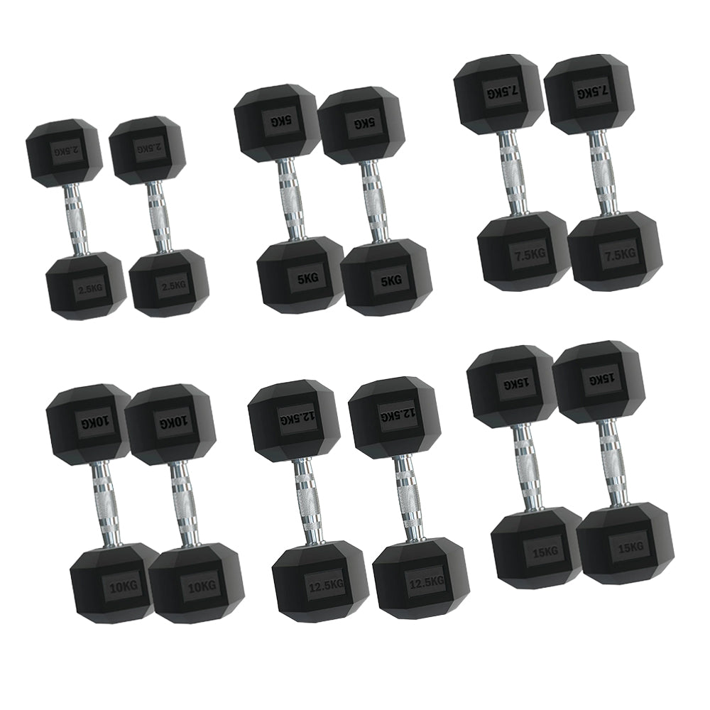 Complete 6-Pair Hex Dumbbell Set (2.5kg–30kg) with Optional Space-Saving Tier 6 Rack – Durable Rubber-Coated, Anti-Roll Hex Weights for Home & Garage Gym