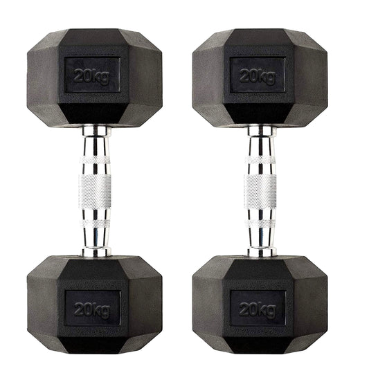 Heavy Duty 20kg Hex Dumbbell Pair – Rubber Coated Cast Iron Weights with Anti Roll Design & Chrome Knurled Handles – Strength Training for Home Gym & Studio