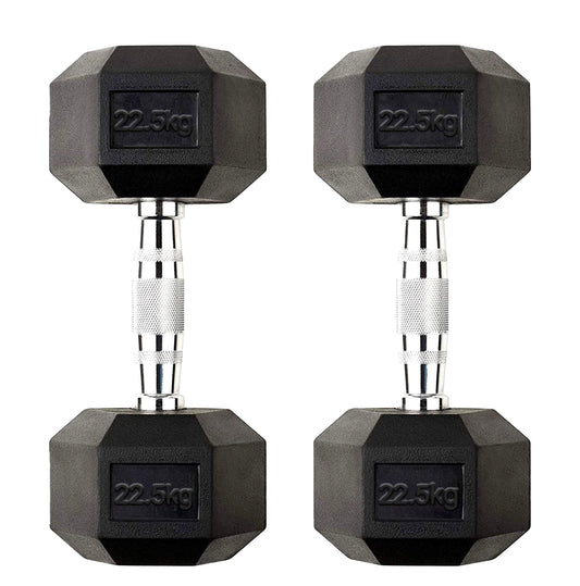 22.5kg Pair of Hex Dumbbells – Cast Iron Core with Rubber Coating, Anti Roll Hex Heads & Knurled Chrome Handles – Heavy Free Weights for Home Gym & Strength Training