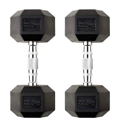 Hex Dumbbells 2.5kg–60kg – Pairs & Sets Available – Rubber Coated Anti Roll Weights with Chrome Handles – Full Dumbbell Range for Strength Training at Home or Studio