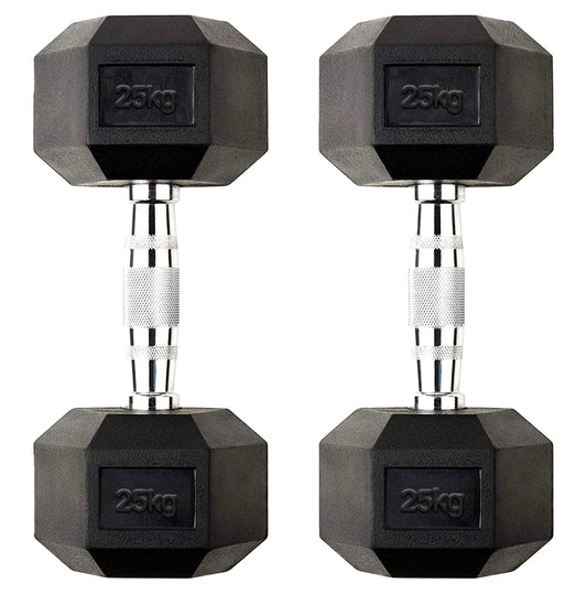 Durable 25kg Hex Dumbbell Pair – Rubber Coated Cast Iron Weights with Anti Roll Design & Knurled Chrome Handles – Dumbbells for Strength Training & Home Gym