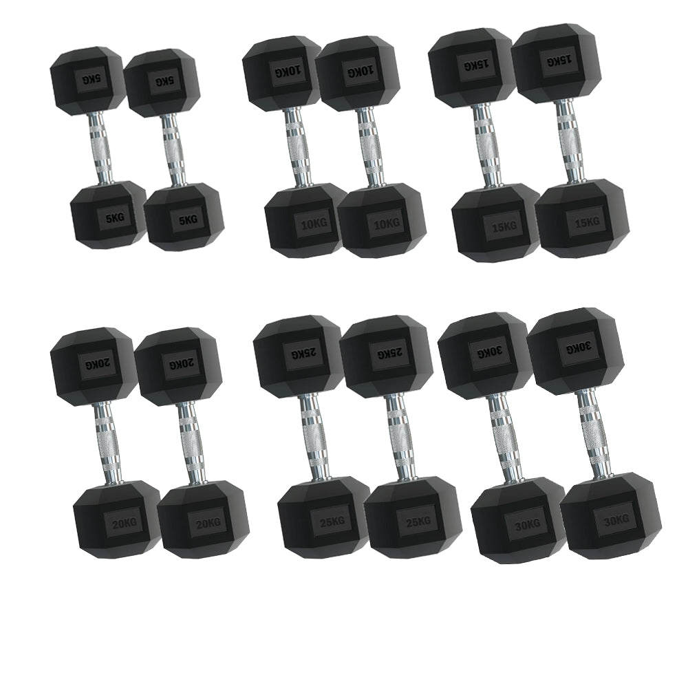 Complete 6-Pair Hex Dumbbell Set (2.5kg–30kg) with Optional Space-Saving Tier 6 Rack – Durable Rubber-Coated, Anti-Roll Hex Weights for Home & Garage Gym