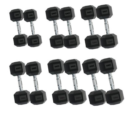 Complete 6-Pair Hex Dumbbell Set (2.5kg–30kg) with Optional Space-Saving Tier 6 Rack – Durable Rubber-Coated, Anti-Roll Hex Weights for Home & Garage Gym