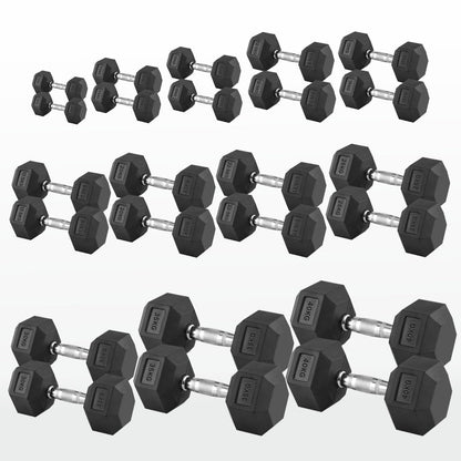 Hex Dumbbells 2.5kg–60kg – Pairs & Sets Available – Rubber Coated Anti Roll Weights with Chrome Handles – Full Dumbbell Range for Strength Training at Home or Studio