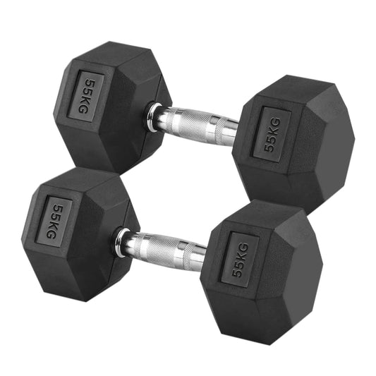 Heavy Duty 55 kg Hex Dumbbell Pair – Rubber Coated Heads, Knurled Chrome Handles, Pro Home Gym Strength Training