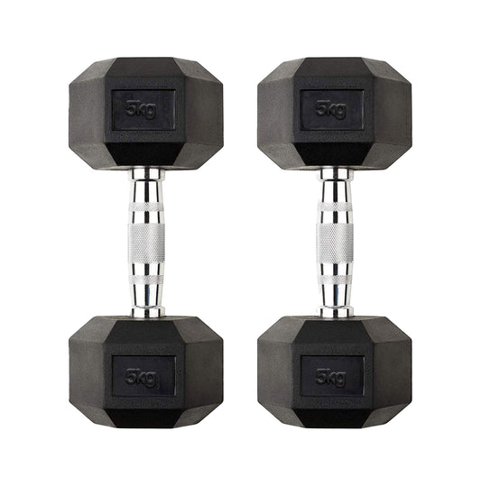 5kg Rubber Coated Cast Iron Hex Dumbbell Pair – Anti Roll Design & Chrome Knurled Handles – Durable Strength Training Dumbbells for Home Gym