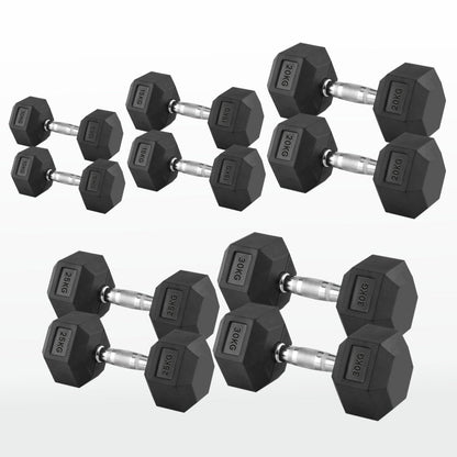 Hex Dumbbells 2.5kg–60kg – Pairs & Sets Available – Rubber Coated Anti Roll Weights with Chrome Handles – Full Dumbbell Range for Strength Training at Home or Studio