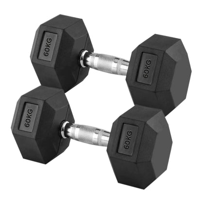 Hex Dumbbells 2.5kg–60kg – Pairs Available – Rubber Coated Anti Roll Weights with Chrome Handles – Full Dumbbell Range for Strength Training at Home or Studio