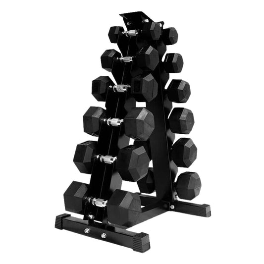 Complete 6-Pair Hex Dumbbell Set (2.5kg–15kg) with Optional Space-Saving Tier 6 Rack – Durable Rubber-Coated, Anti-Roll Hex Weights for Home & Garage Gym