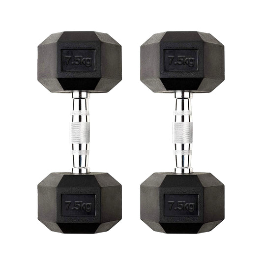 Rubber Coated Cast Iron Hex Dumbbell Pair 7.5kg – Knurled Chrome Handles – Anti Roll Free Weights for Strength Training & Home Gym