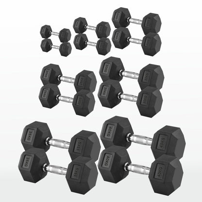 Hex Dumbbells 2.5kg–60kg – Pairs & Sets Available – Rubber Coated Anti Roll Weights with Chrome Handles – Full Dumbbell Range for Strength Training at Home or Studio