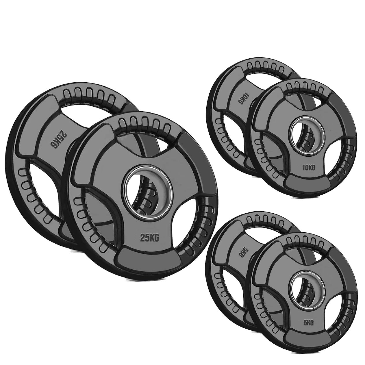 Versatile Tri-Grip Olympic Plates – Solid Cast Iron with Protective Rubber Coating & 2-Inch Center Hole for Strength Training | Range of Weight Options
