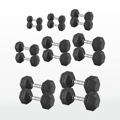 Hex Dumbbells 2.5kg–60kg – Pairs & Sets Available – Rubber Coated Anti Roll Weights with Chrome Handles – Full Dumbbell Range for Strength Training at Home or Studio