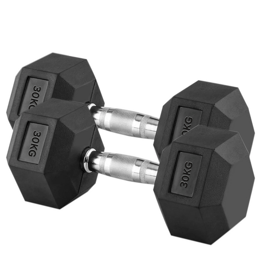 30kg Heavy Duty Hex Dumbbell Pair – Rubber Coated Anti Roll Weights with Knurled Chrome Handles – 2 x 30kg Free Weights for Strength, Power & Home Gym Workouts