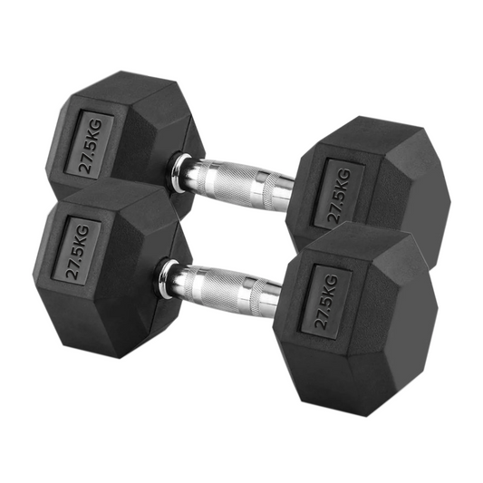 27.5kg Hex Dumbbell Pair – Rubber Coated Cast Iron Weights with Anti Roll Design & Knurled Chrome Handles – Heavy Dumbbells for Strength Training – Home Gym UK