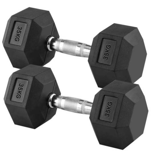 Heavy Duty Hex Dumbbell Pair 35kg – Rubber Coated Cast Iron with Anti Roll Design & Knurled Chrome Handles – Strength Training for Home Gym & Studio