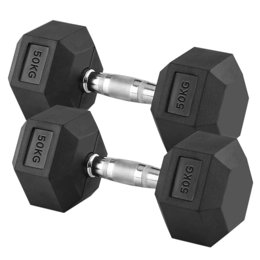 50kg Anti Roll Hex Dumbbells Set – Rubber Coated Cast Iron with Knurled Chrome Handles – Advanced Home Strength Training – 2 x 50kg Pair