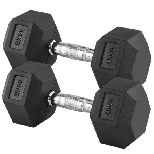 45 kg Rubber Coated Hex Dumbbells – Heavy Duty Anti Roll Cast Iron with Chrome Knurled Grip – Strength Training, Home Gym Compact Power Pair