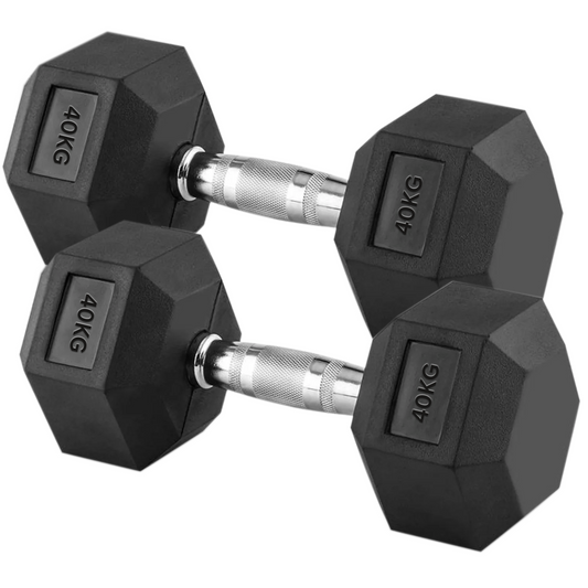 40kg Hex Dumbbell Pair – Rubber Coated Cast Iron Weights with Anti Roll Design & Knurled Chrome Handles – Heavy Dumbbells for Home Gym Strength Training