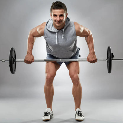 Man lifting a barbell on a gray background