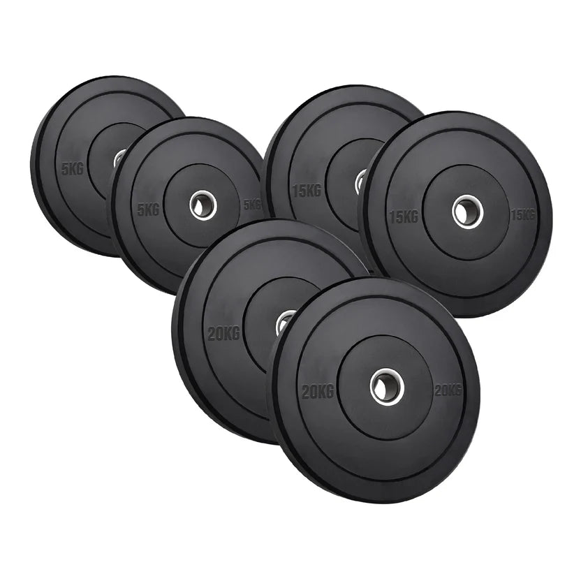 Set of black weight plates with labeled weights on a white background