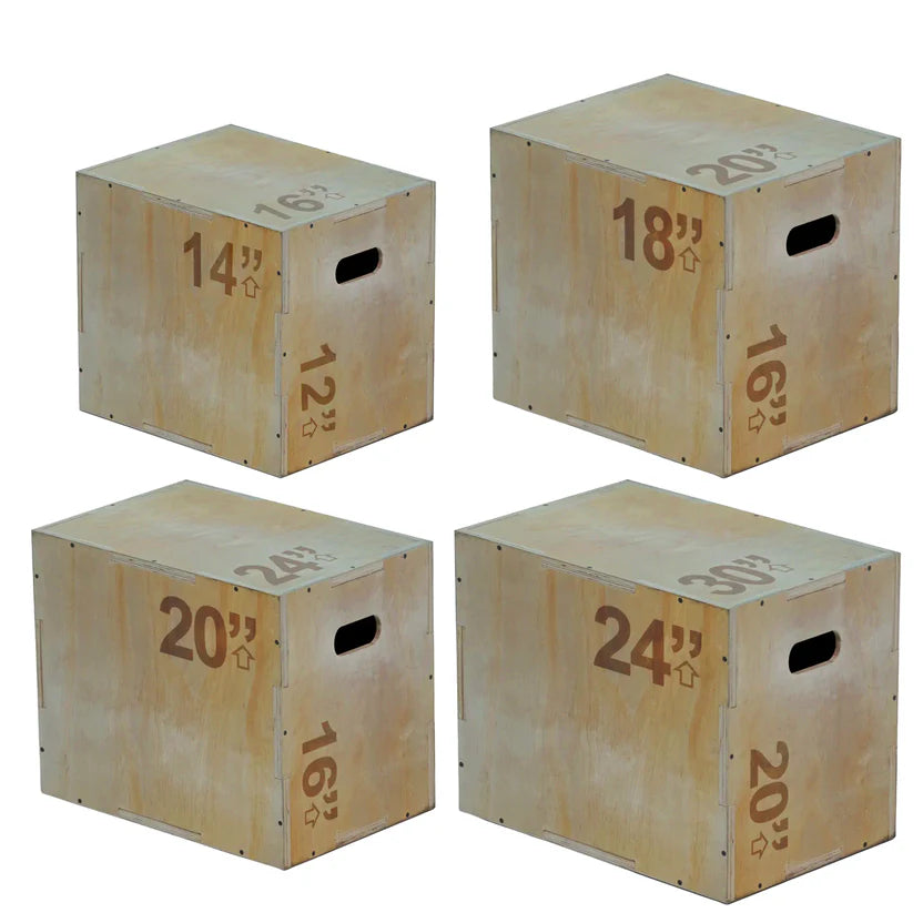 Set of four wooden exercise boxes with varying sizes and measurements on a white background
