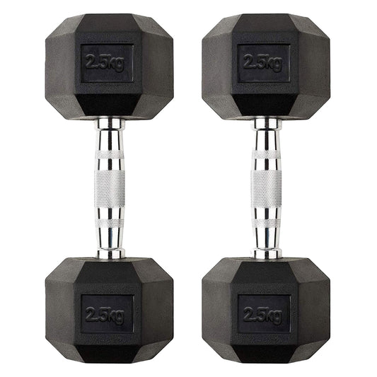 2.5kg Durable Hex Dumbbell Pair – Rubber Coated Cast Iron Weights with Anti Roll Heads & Chrome Knurled Handles – Compact Strength Training & Rehab for Home Gym