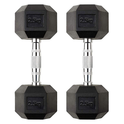 Hex Dumbbells 2.5kg–60kg – Pairs & Sets Available – Rubber Coated Anti Roll Weights with Chrome Handles – Full Dumbbell Range for Strength Training at Home or Studio