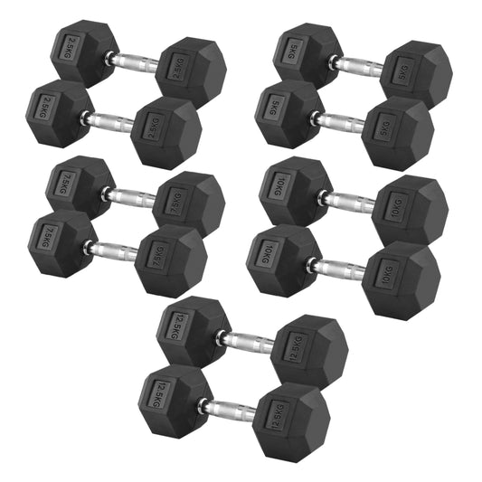 Complete 5-Pair Hex Dumbbell Set 2.5kg to 25kg with Optional Space-Saving 5 Tier Rack – Durable Rubber-Coated Weights for Home & Studio Strength Training UK