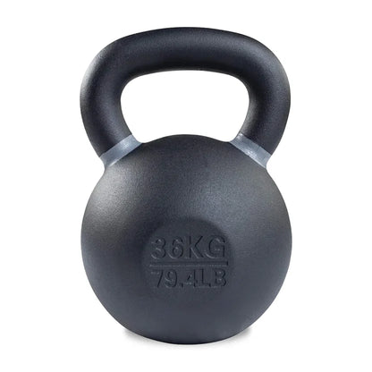 Black kettlebell with weight marking on a white background