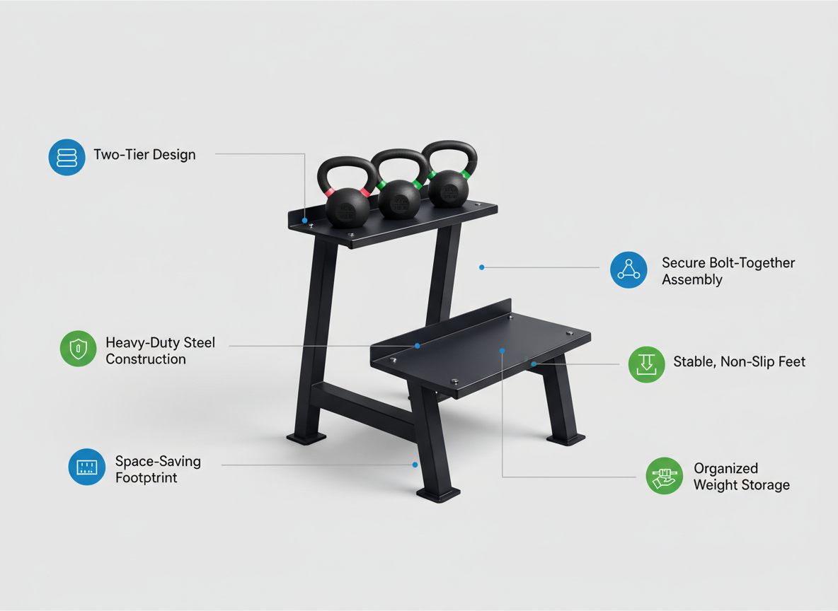 Black weight bench with kettlebell storage on a white background