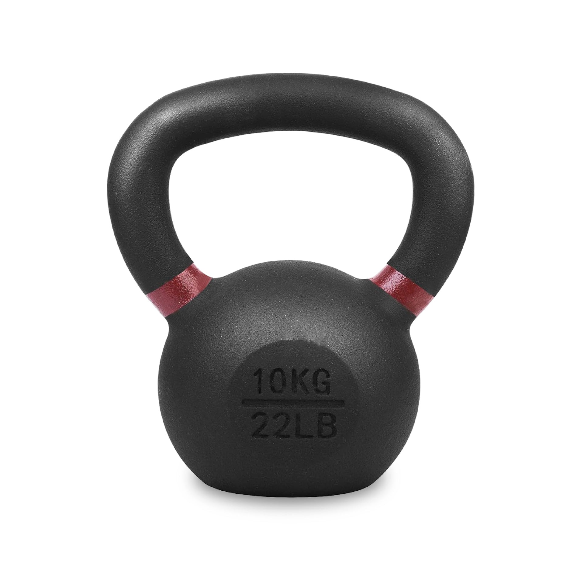 Black kettlebell with red accents and weight marking on a white background