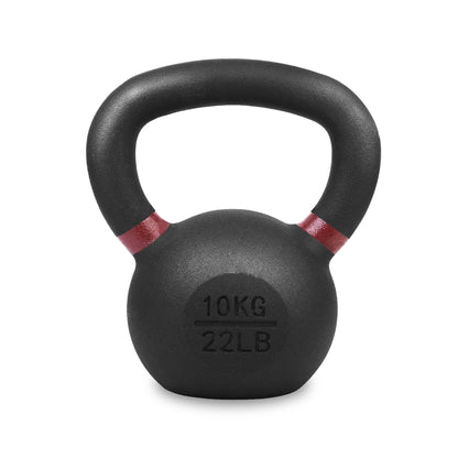 Black kettlebell with red accents and weight marking on a white background