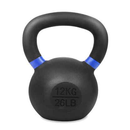 Black kettlebell with blue accents and weight marking on a white background
