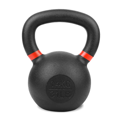 Black kettlebell with red accents on a white background