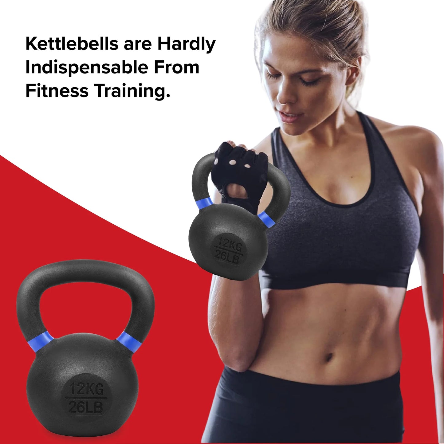Woman holding kettlebells with text about their importance in fitness training on a red and white background.