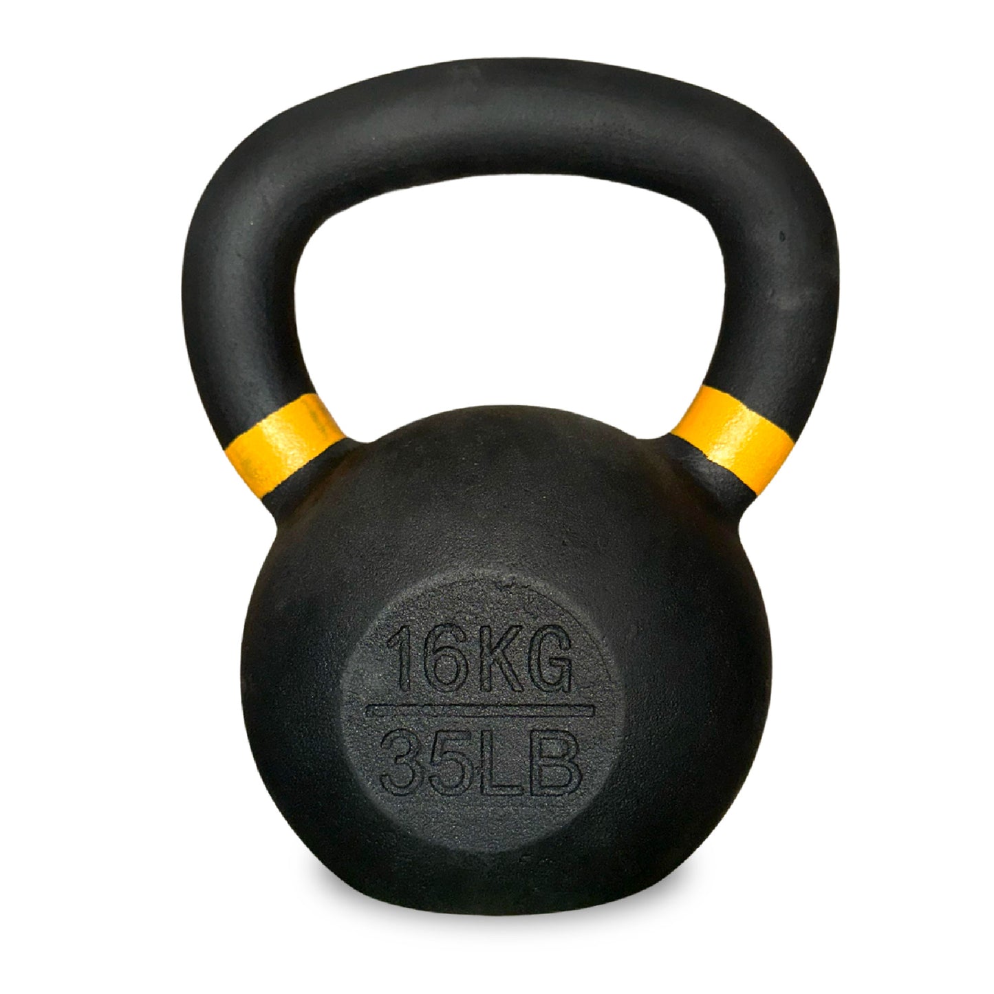 Black kettlebell with yellow accents and weight marking on a white background