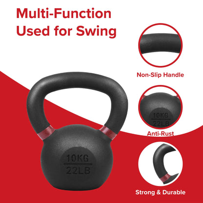 Black kettlebell with features highlighted on a red and white background
